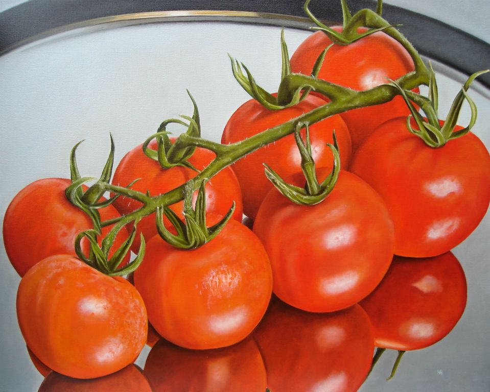 Tros tomaten. Olieverf op doek. 100cm x 100cm. Verkocht