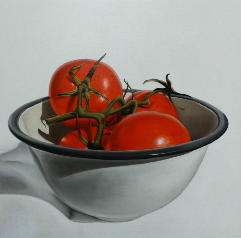 Tomaten in ijzeren schaaltje. Olieverf op doek. 100cm x 100cm.